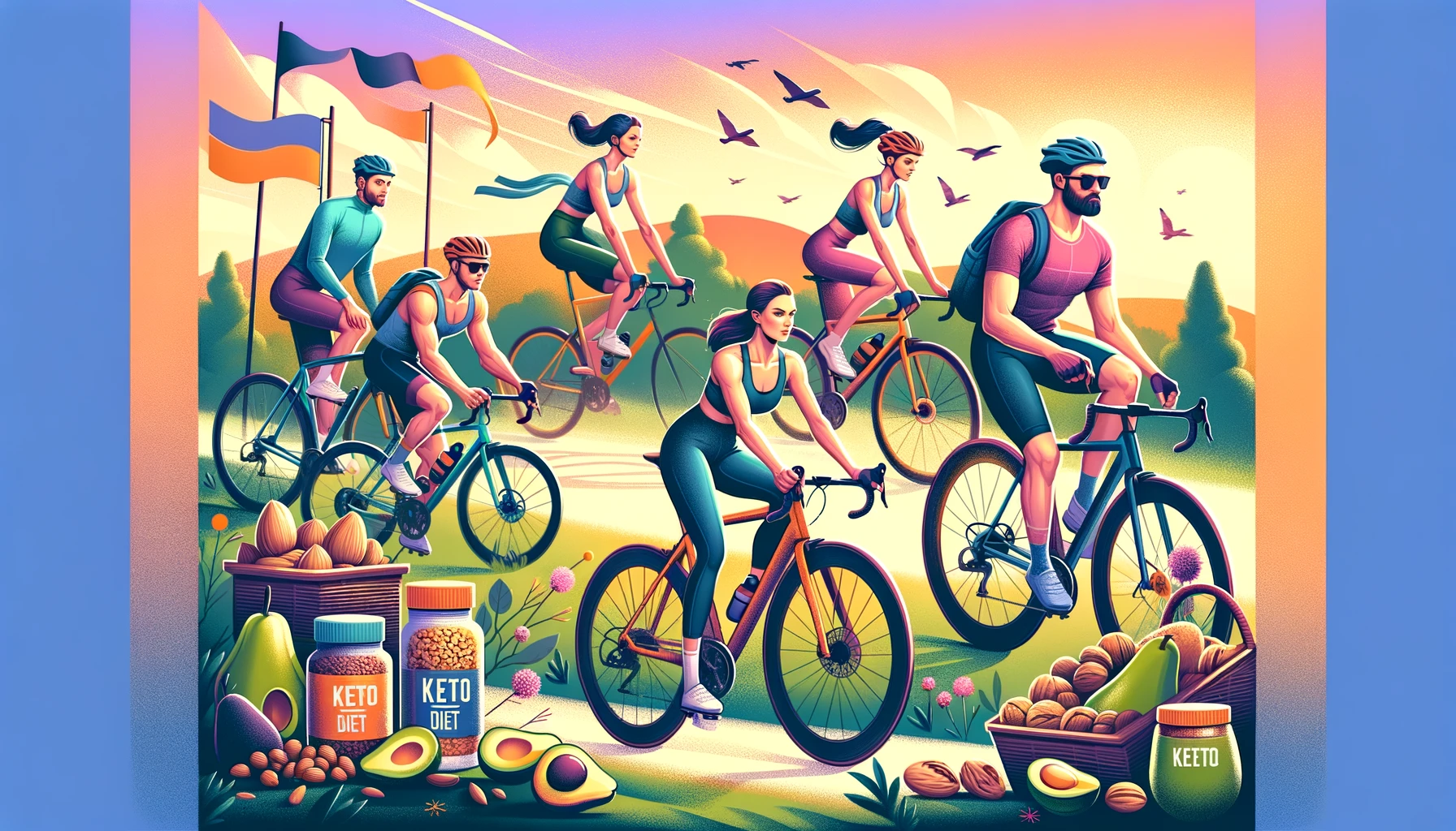Cyclists on a keto diet. The scene includes a diverse group of cyclists, both male and female,