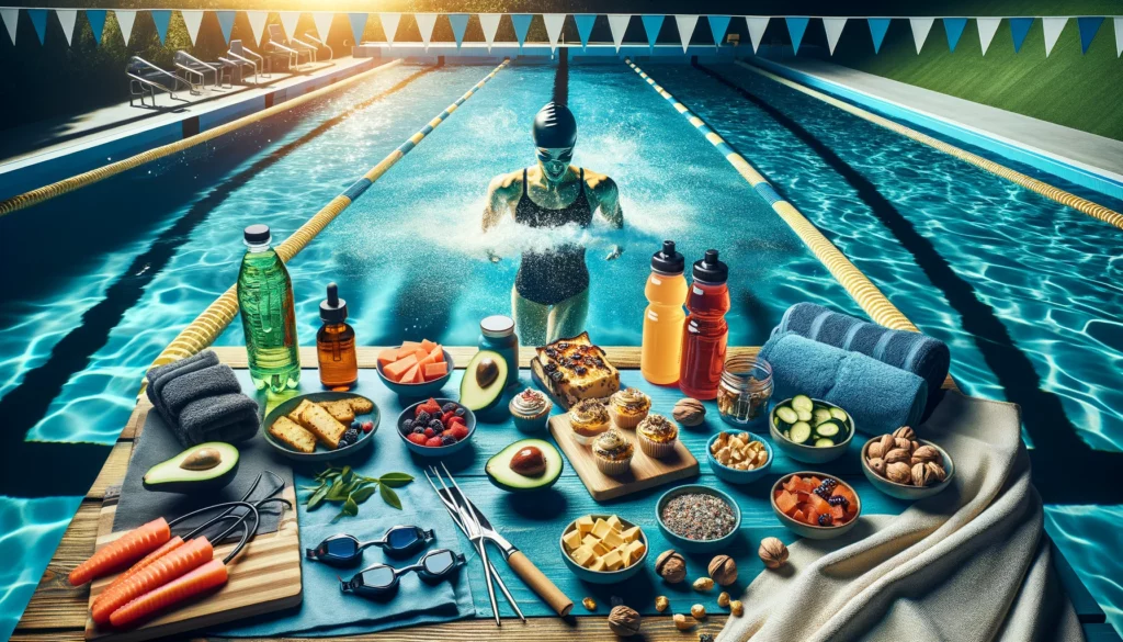This image captures the preparation and recovery aspects of swimming on a keto diet, showcasing keto-friendly foods and hydration options