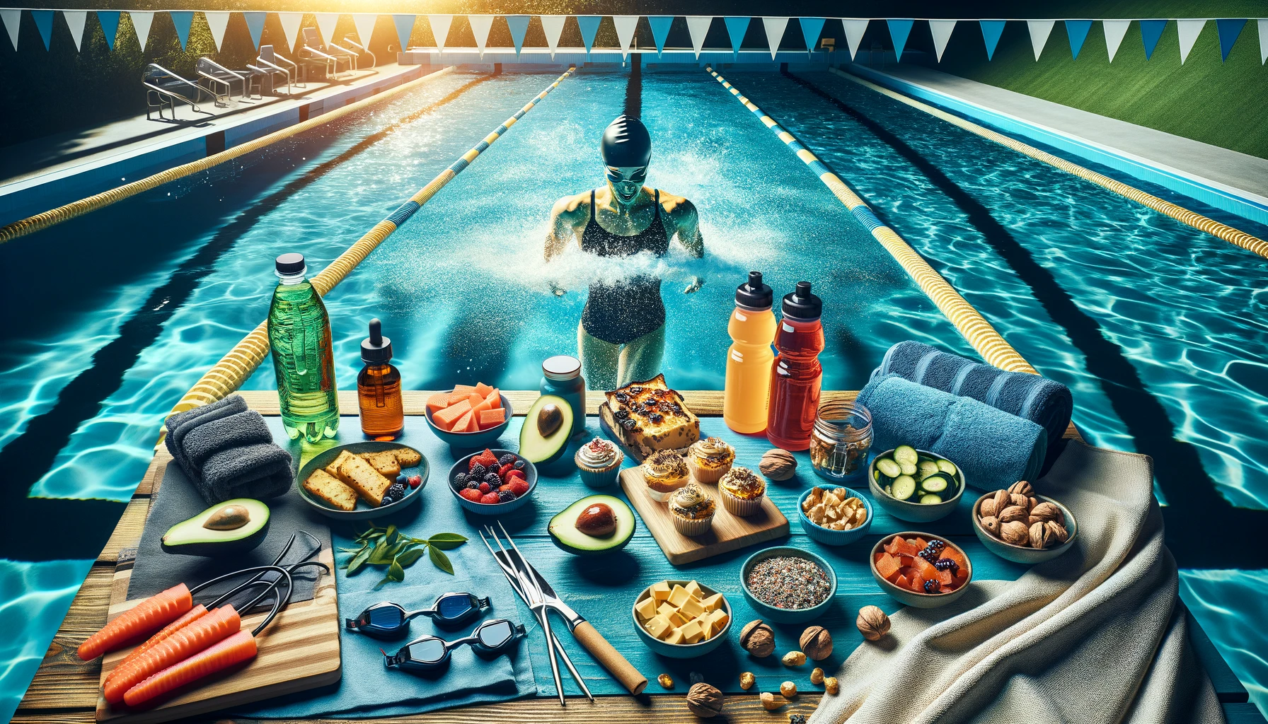 This image captures the preparation and recovery aspects of swimming on a keto diet, showcasing keto-friendly foods and hydration options