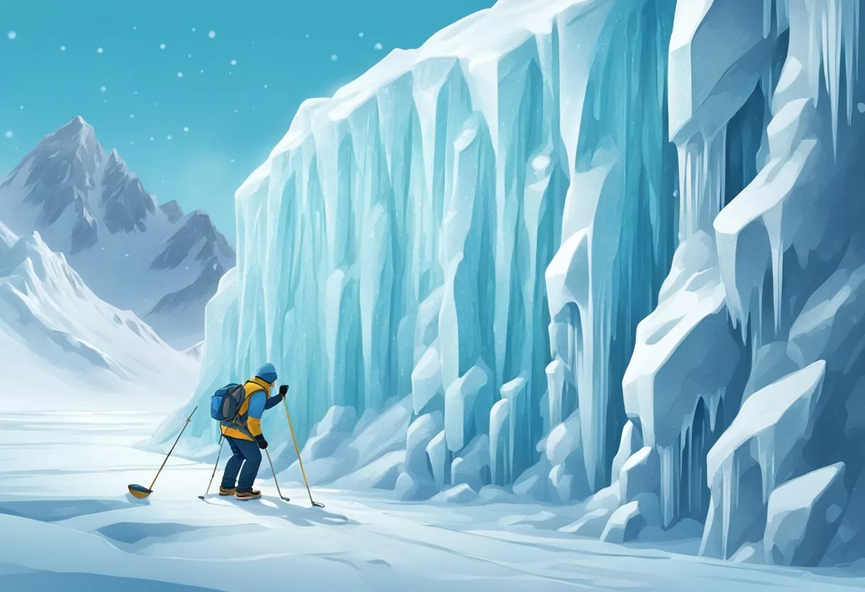 A figure scales an alpine ice wall, using a pick to chip away at the frozen surface, creating a weight loss effect