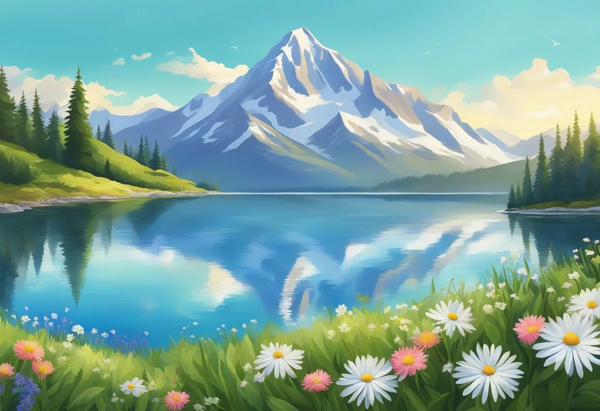 A mountain landscape with a clear blue sky, snow-capped peaks, and a serene alpine lake, surrounded by lush greenery and wildflowers