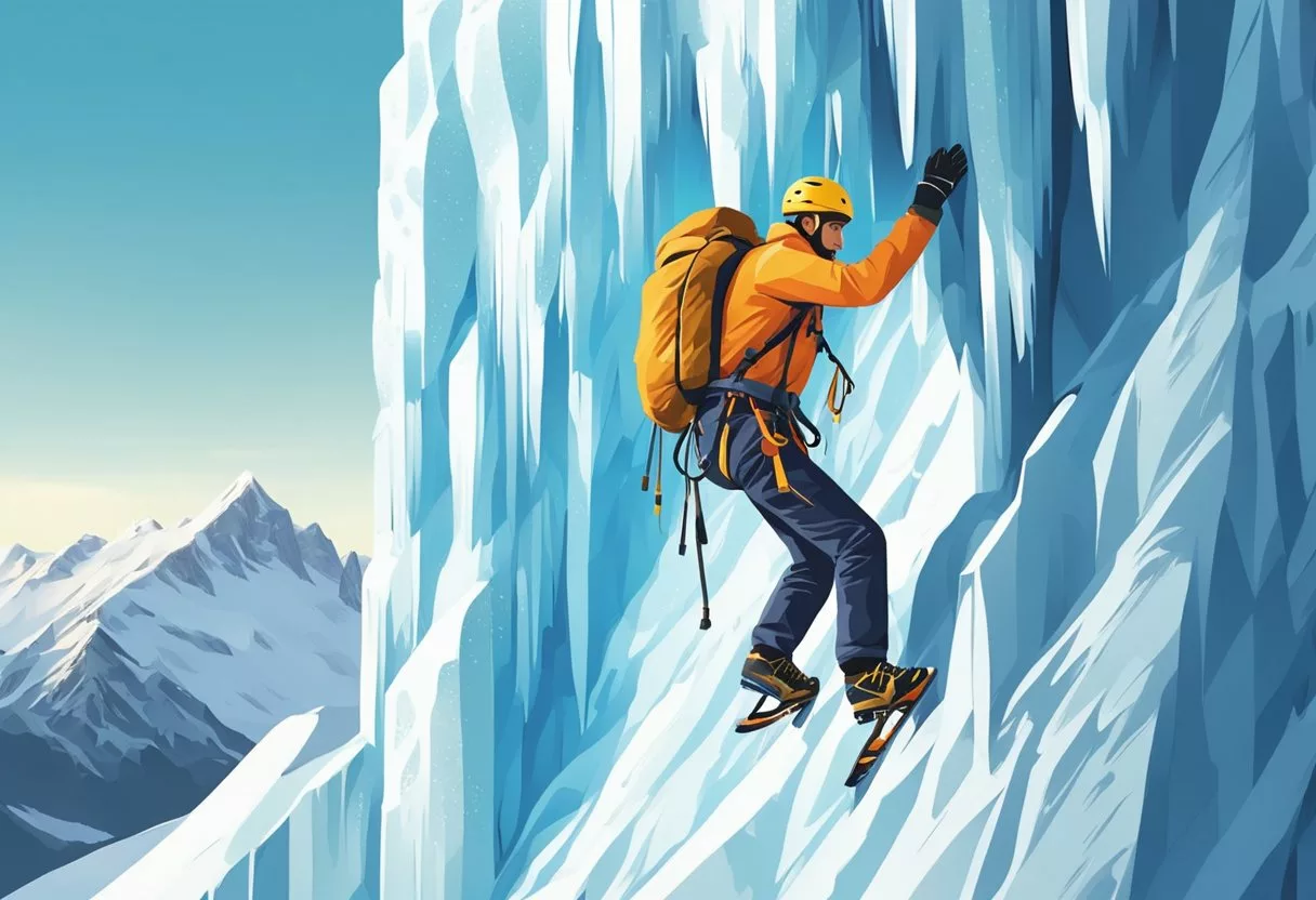 A climber scaling a towering ice wall, surrounded by snow-covered alpine peaks, with a sense of determination and triumph