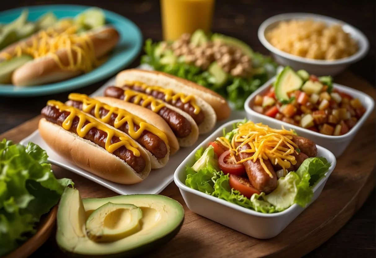 A table with a variety of hotdog ingredients - sausages, lettuce wraps, avocado, and mustard. A sign reads "Keto-friendly hotdogs."