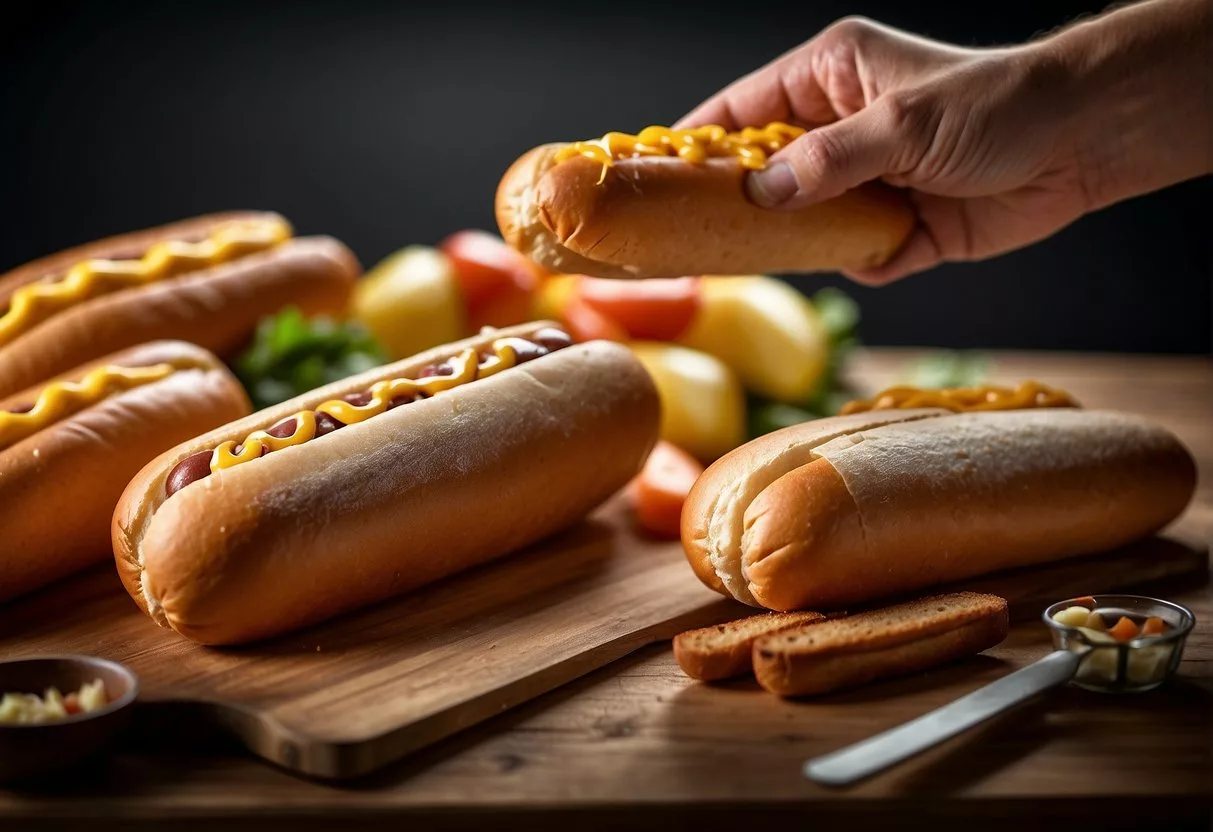 A hand reaches for various hot dog packages, examining nutrition labels