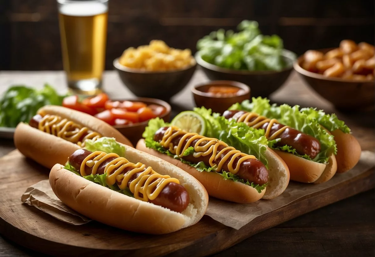 A table with various keto-friendly hot dog alternatives and variations, including lettuce wraps, cauliflower buns, and sausage links