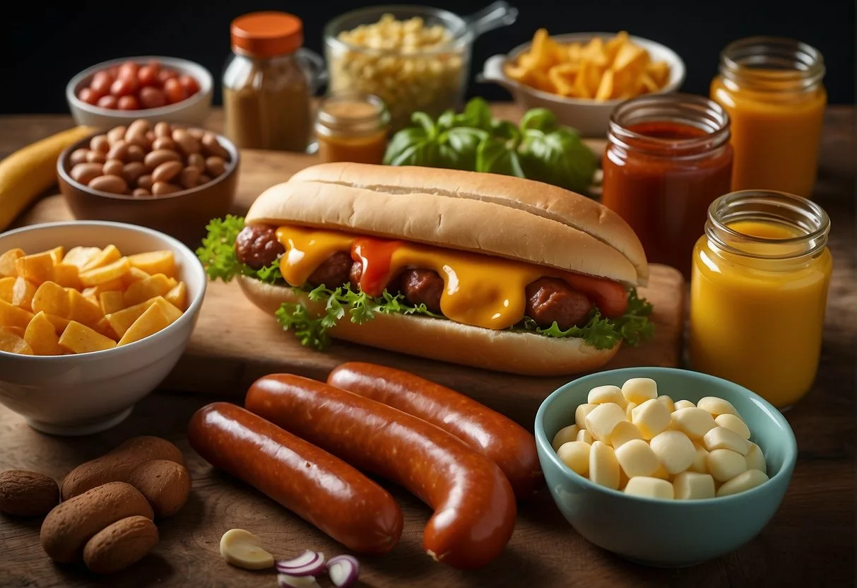 A table with a variety of hotdog ingredients, including buns, sausages, and condiments. A nutrition label with "keto friendly" is visible on the packaging