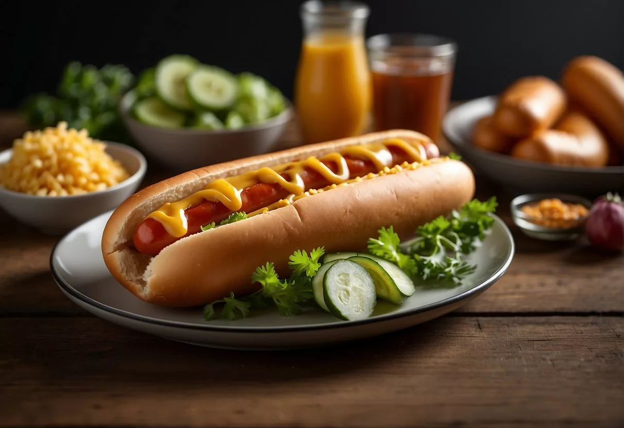 A hotdog on a plate with keto-friendly ingredients around it