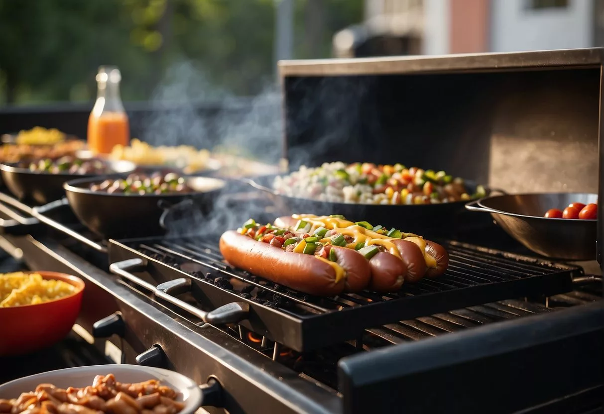 A grill sizzles as keto-friendly hot dogs cook. A variety of low-carb toppings sit nearby