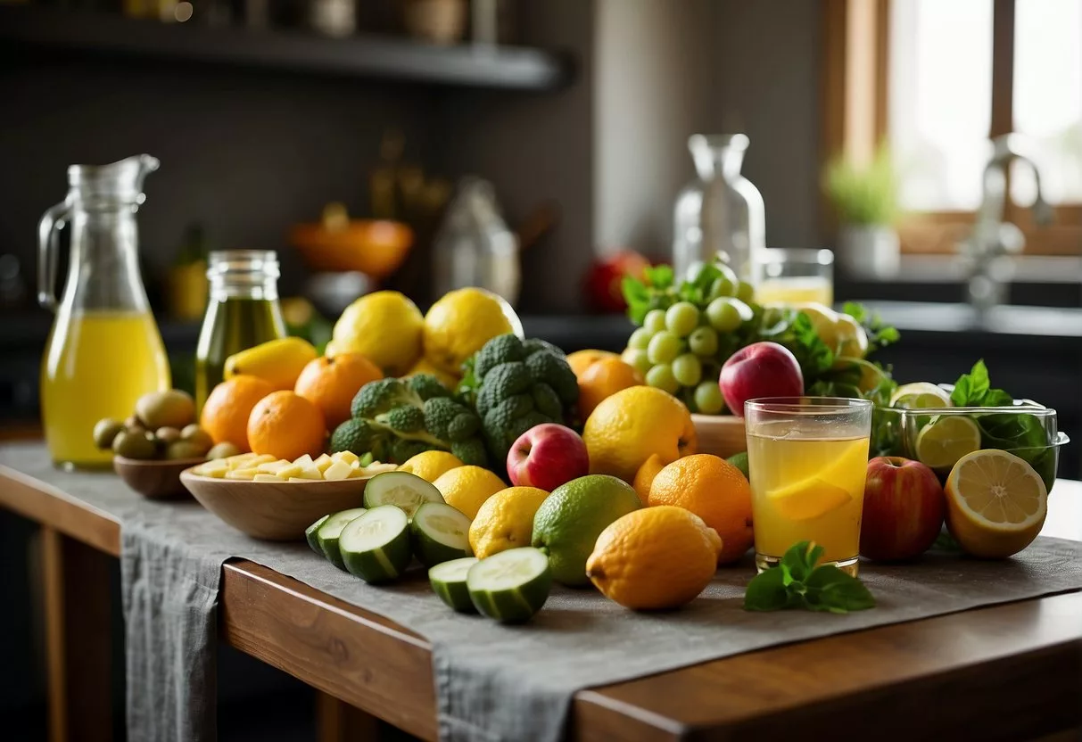 A table with colorful, fresh fruits and vegetables, surrounded by bottles of water, green tea, and lemon water. A tape measure and scale are nearby