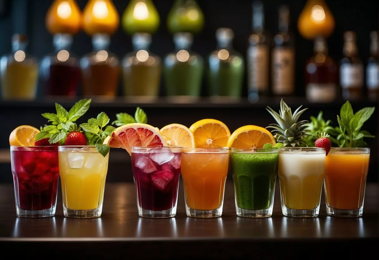 A variety of colorful, enticing drinks displayed on a sleek, modern bar. Fresh fruits, herbs, and vibrant liquids suggest health and weight loss benefits