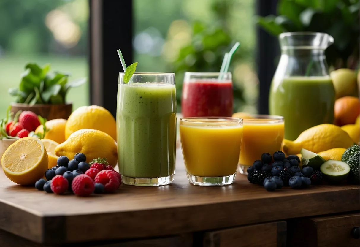 A table with a variety of healthy drinks, including green tea, lemon water, and smoothies, surrounded by fresh fruits and vegetables