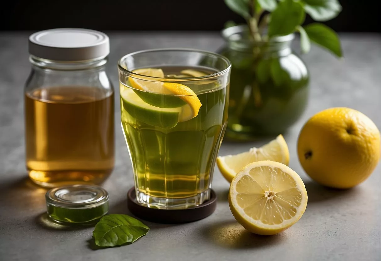 A table with various drinks: green tea, lemon water, and apple cider vinegar. A measuring tape wraps around a glass, showing shrinking belly fat