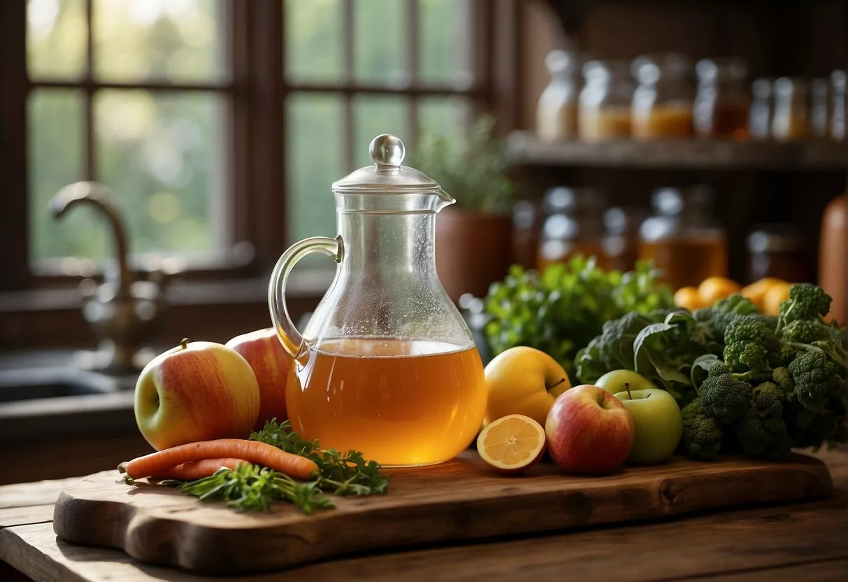 A glass pitcher filled with fresh fruits and vegetables, surrounded by vibrant herbs and spices. A steaming kettle with herbal tea and a bottle of apple cider vinegar on a rustic wooden table