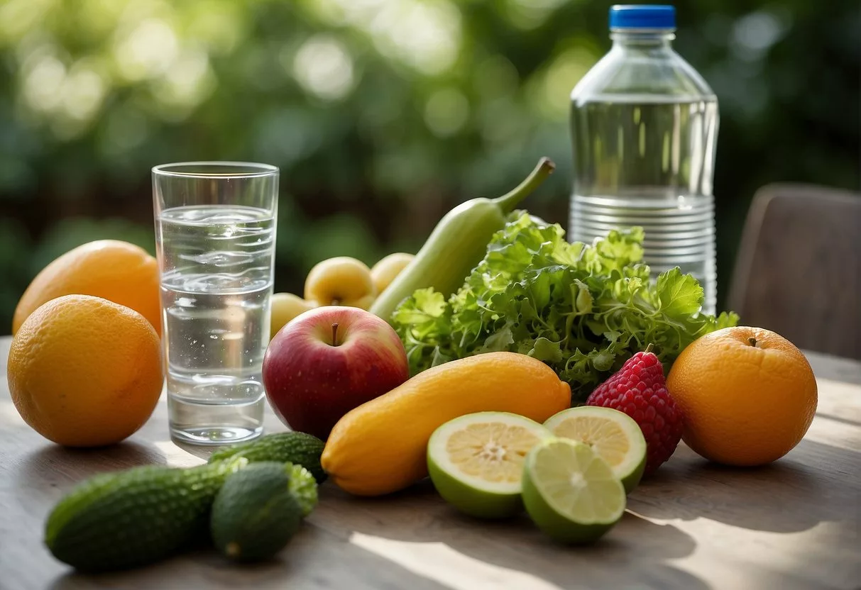 A table with various fruits, vegetables, and water, with a tape measure wrapped around a glass of water, emphasizing the importance of science-backed information for shrinking belly fat