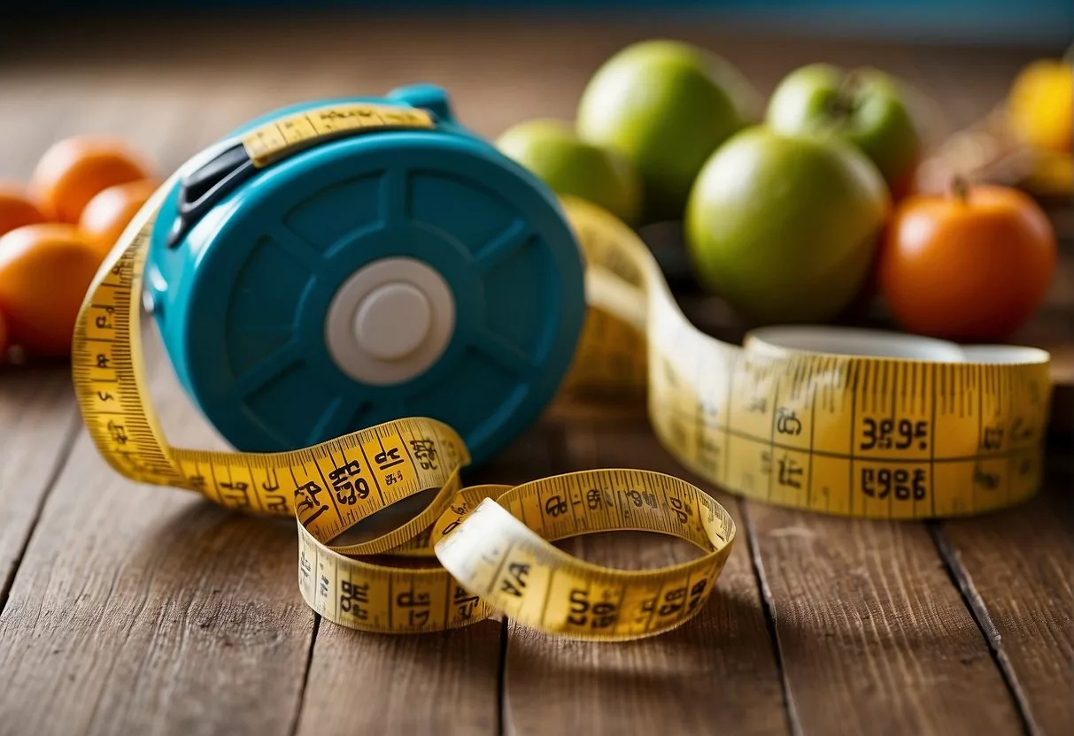 A tape measure wrapped around a waistline, with a healthy meal and exercise equipment in the background