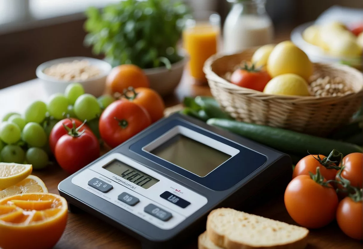 A scale surrounded by healthy foods and exercise equipment
