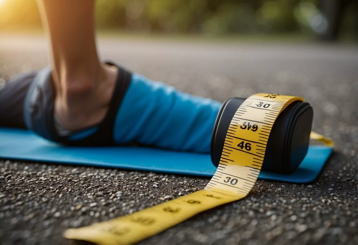A person engaging in physical activity, such as jogging or doing sit-ups, with a healthy diet and a tape measure showing a decrease in waist size