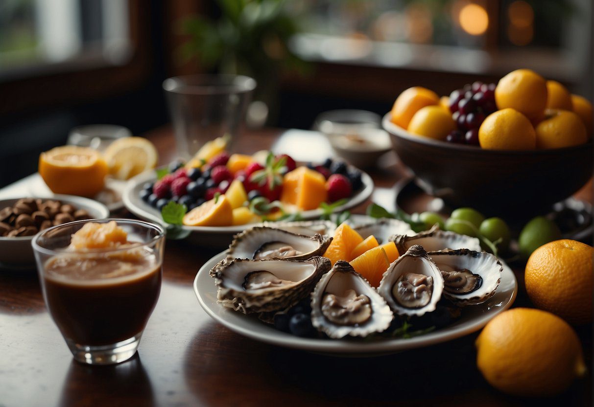 A table set with vibrant fruits, dark chocolate, and oysters. A menu lists aphrodisiac ingredients. A man and woman dine in a cozy setting