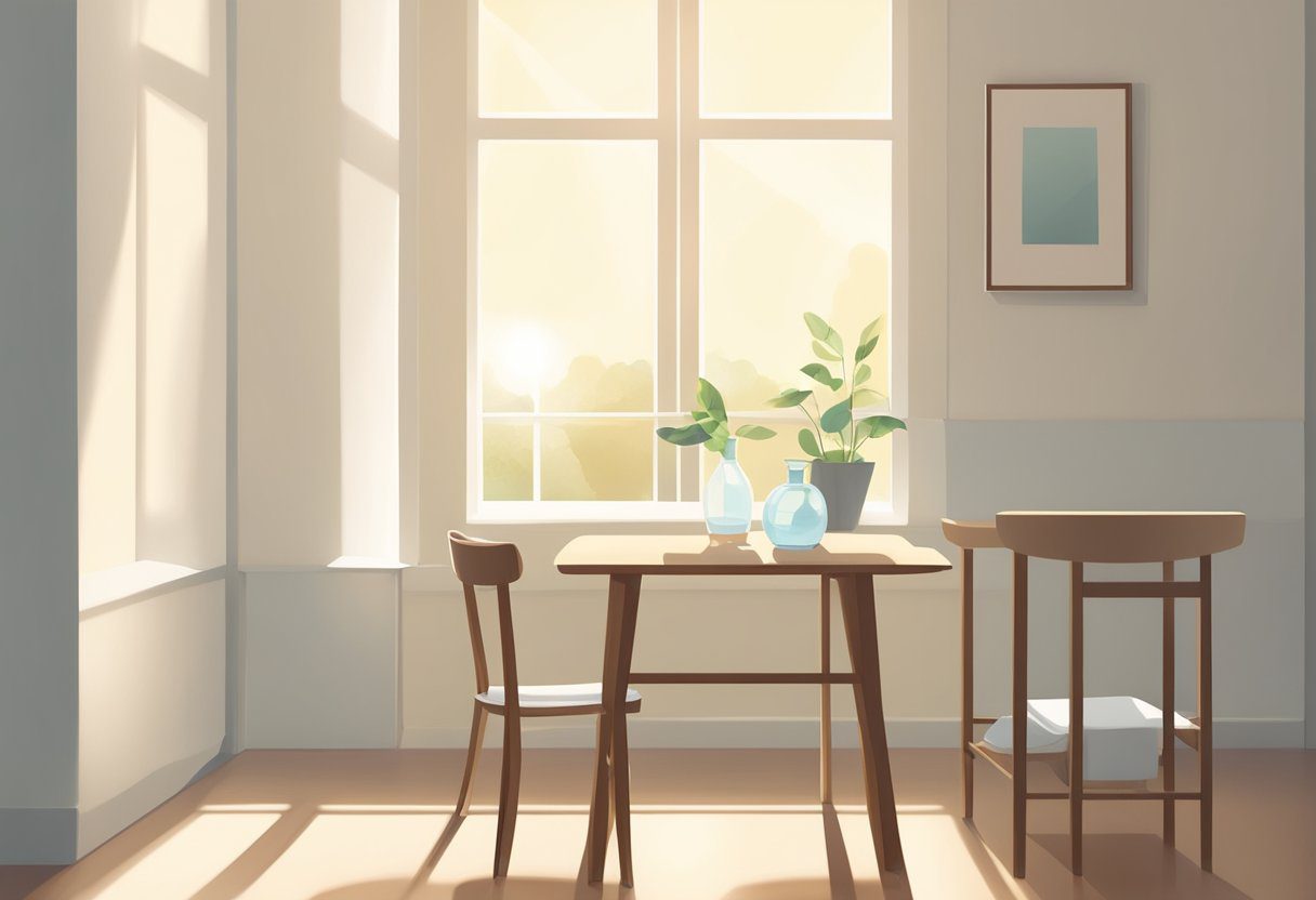 A serene, minimalist room with a small table holding a glass of water and an empty plate. Sunlight filters through the window, casting a peaceful glow