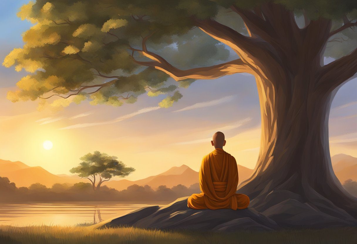 A serene monk meditates under a tree, surrounded by stillness and tranquility. The sun sets in the background, casting a warm glow over the scene