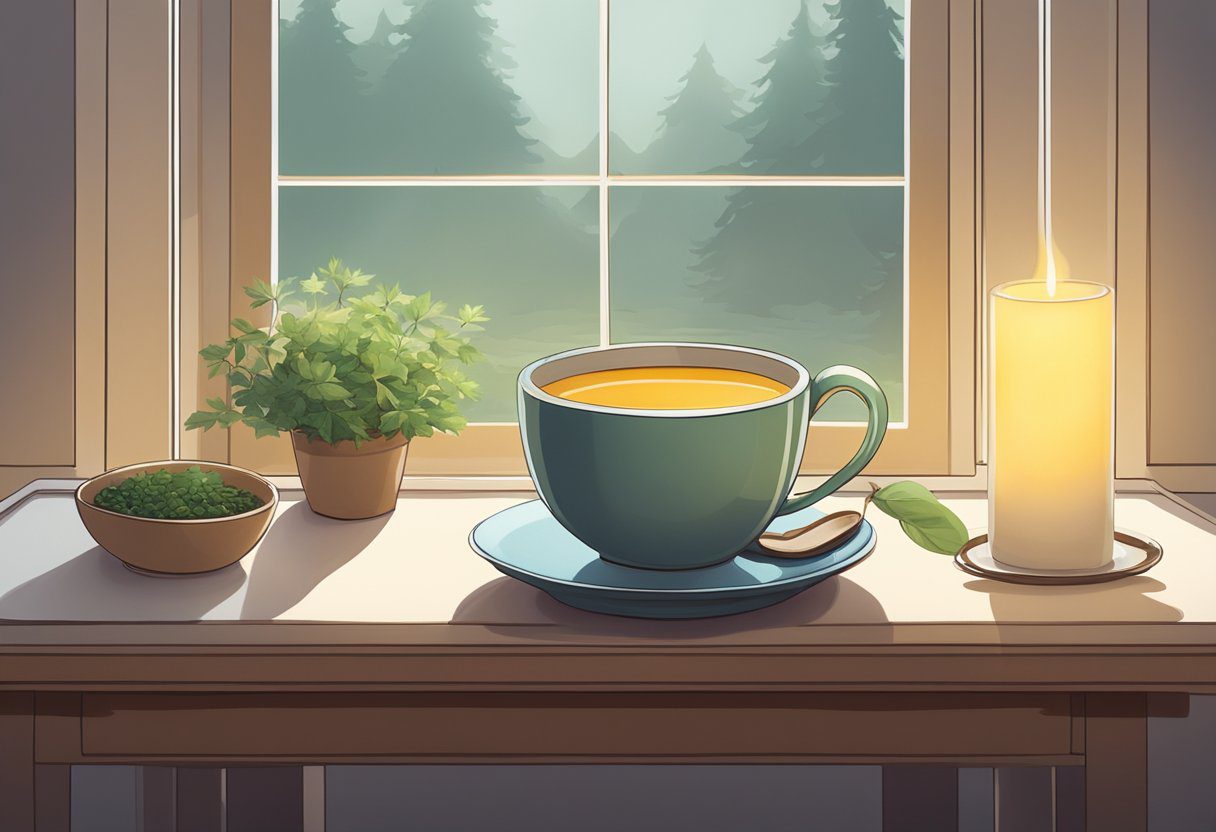A serene, candle-lit room with a simple wooden table holding a bowl of steaming broth and a small cup of herbal tea. The room is quiet and peaceful, with soft light filtering in through a window