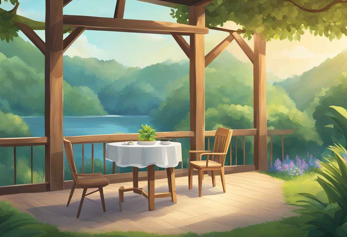 A serene setting with a simple table and chair, surrounded by nature. A clock on the table showing 36 hours. No food or drink in sight