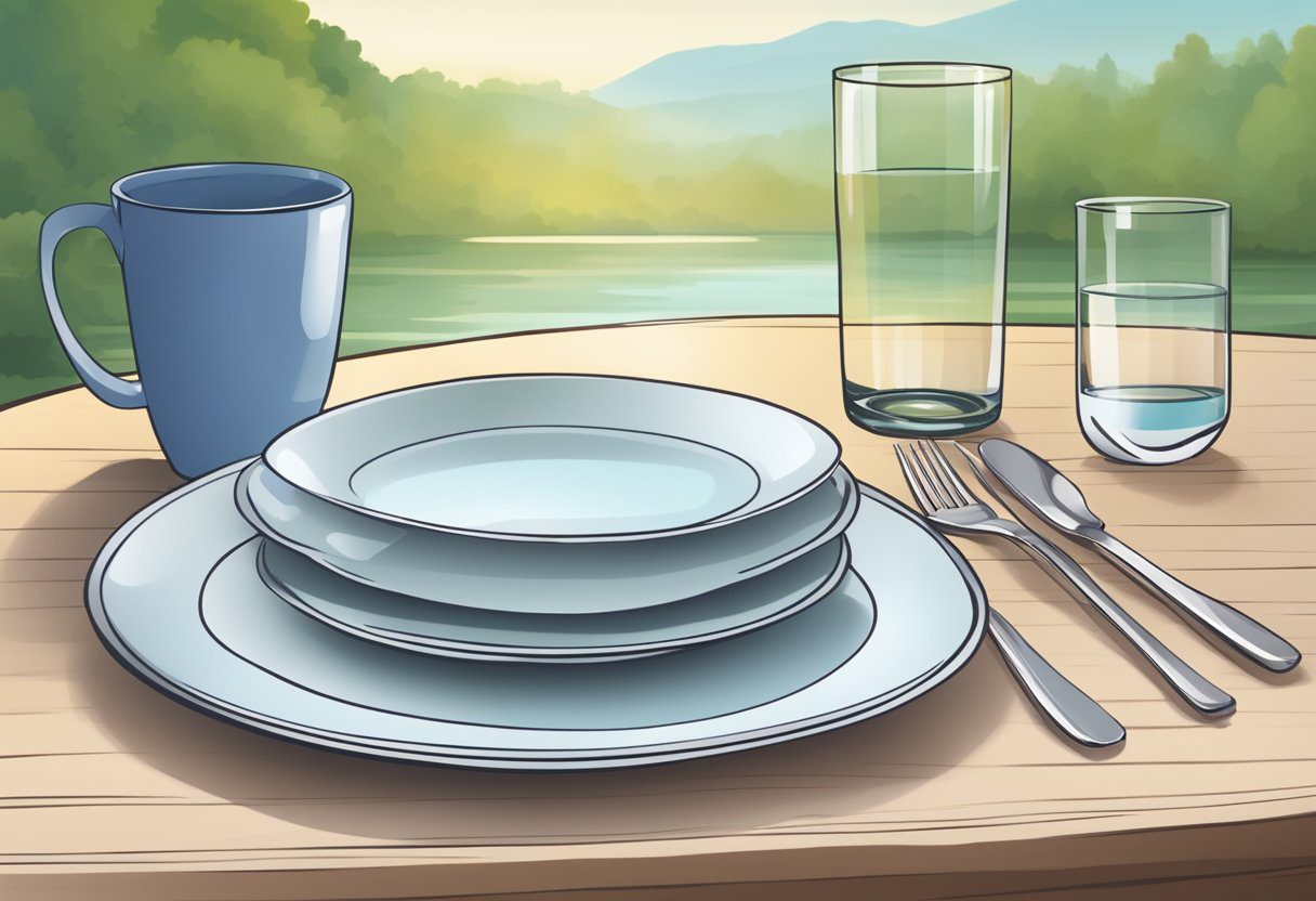 An empty plate and glass sit on a table, surrounded by a serene and peaceful setting, representing the potential health benefits of a 36-hour fast for weight loss