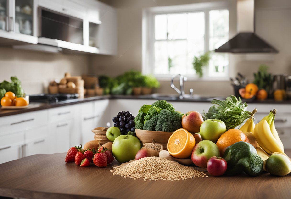 A table filled with colorful fruits, vegetables, and whole grains, with a sign reading "anti-inflammatory diet" in a bright, welcoming kitchen