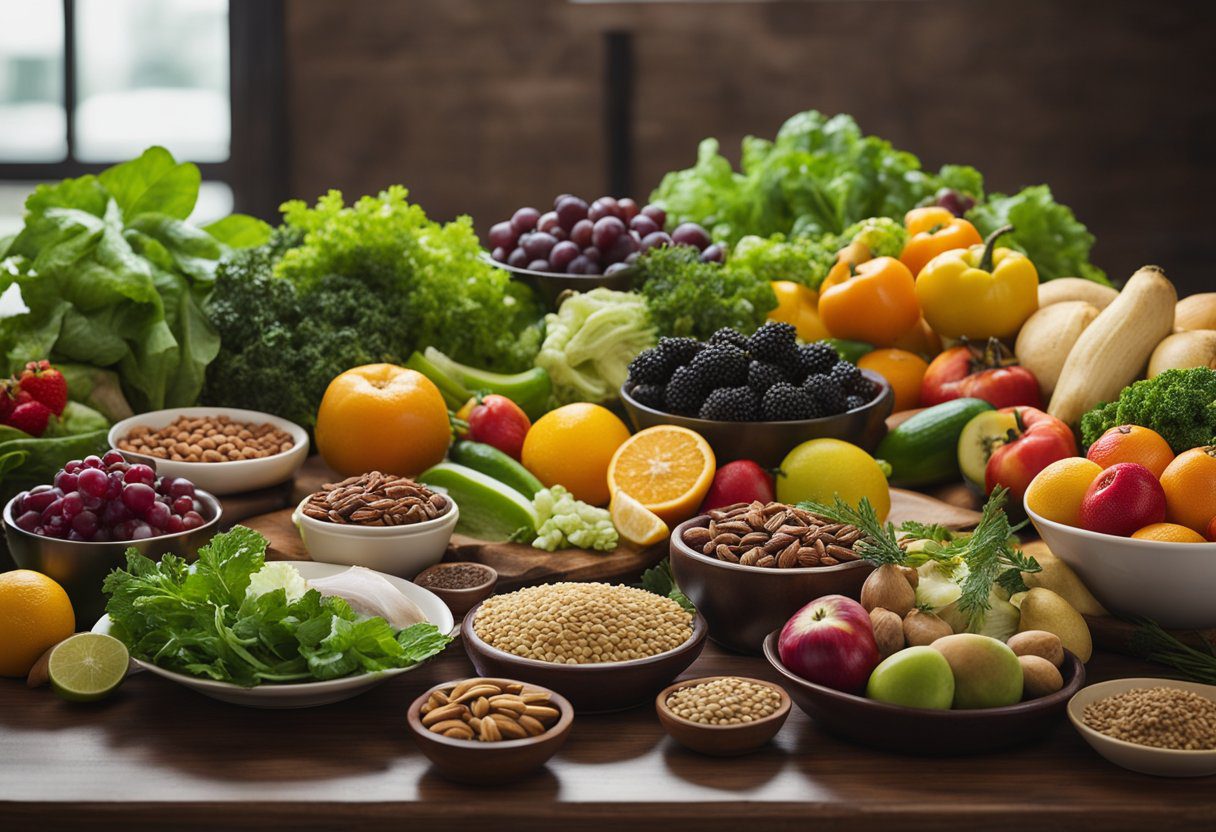 A table filled with colorful fruits, vegetables, nuts, and seeds, with a variety of herbs and spices. A bowl of leafy greens and a plate of fish are also present