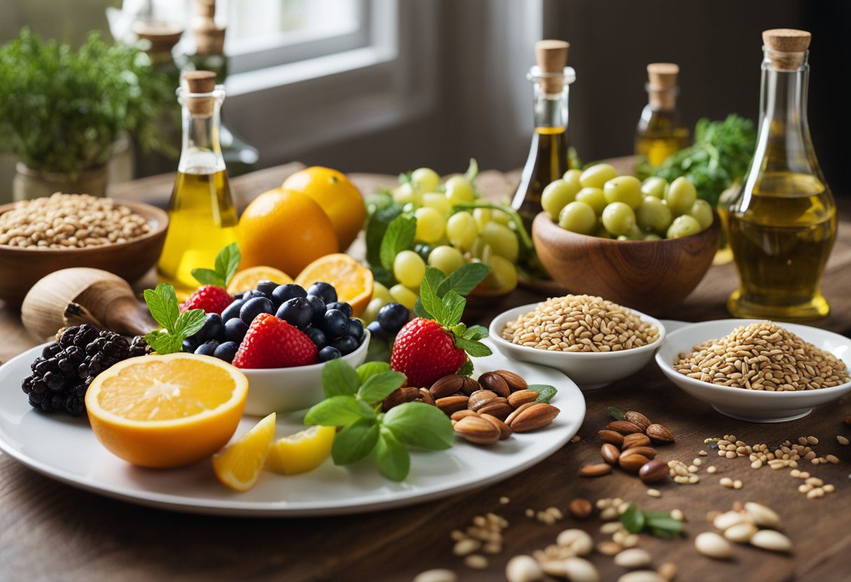 A table with colorful fruits, vegetables, nuts, and seeds, surrounded by bottles of olive oil and herbs. A plate with fish and whole grains completes the scene