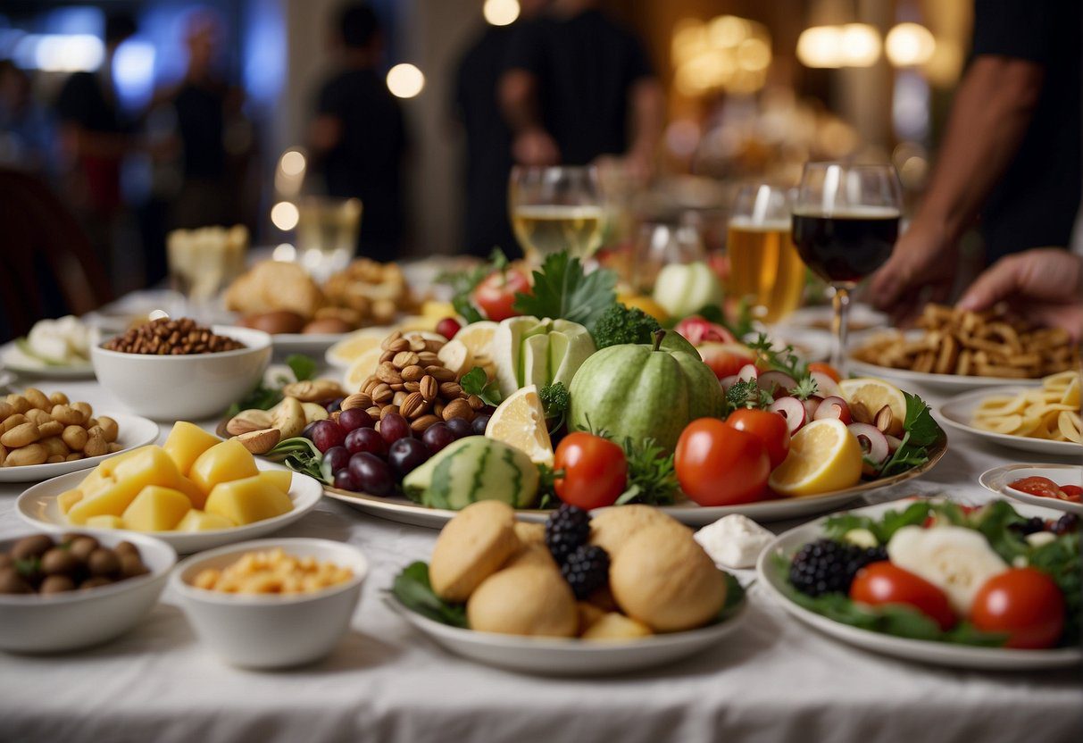 A table with assorted aphrodisiac foods for men and women, surrounded by curious onlookers