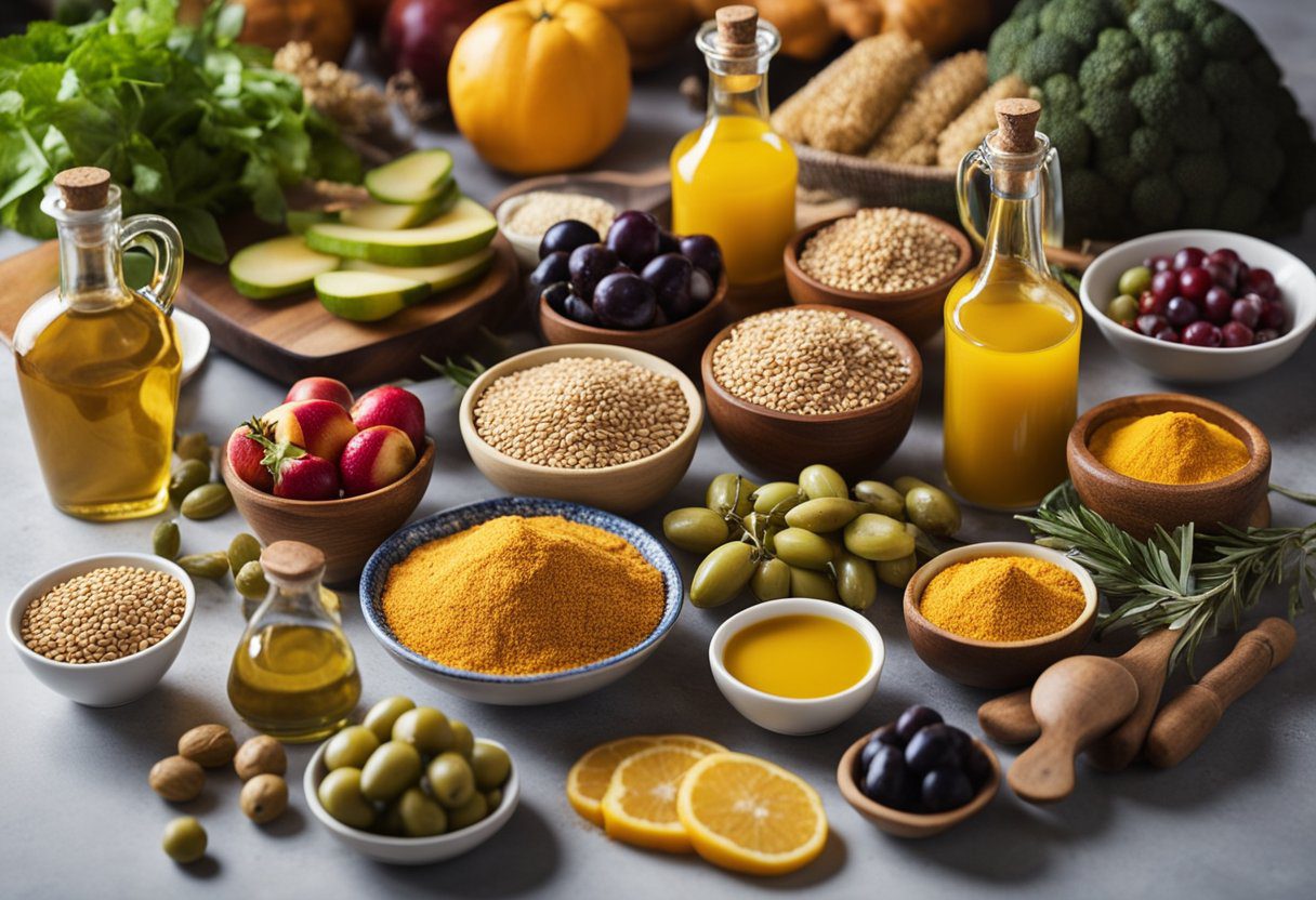 A table filled with colorful fruits, vegetables, and whole grains, alongside bottles of olive oil and turmeric, representing an anti-inflammatory diet
