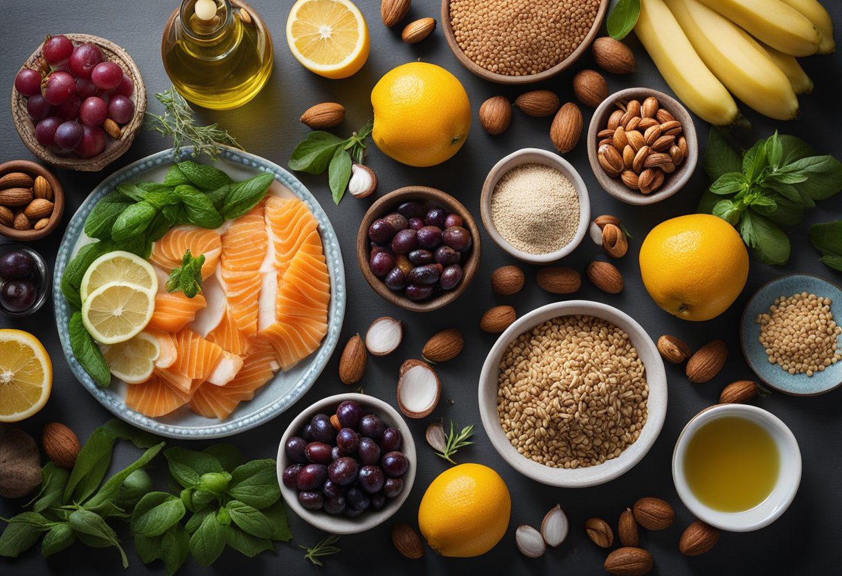 A table filled with colorful fruits, vegetables, nuts, and whole grains, with a variety of herbs and spices. A plate of fish and olive oil