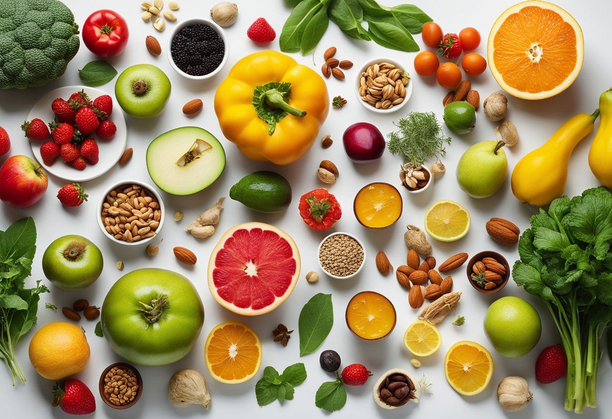 A colorful array of fruits, vegetables, nuts, and seeds arranged on a table, with a variety of herbs and spices nearby