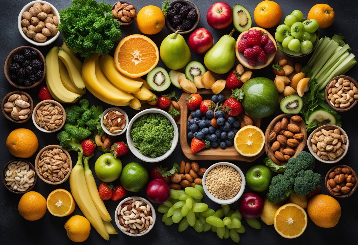A table filled with colorful fruits, vegetables, nuts, and fish, representing a variety of specific anti-inflammatory foods for an anti-inflammatory diet