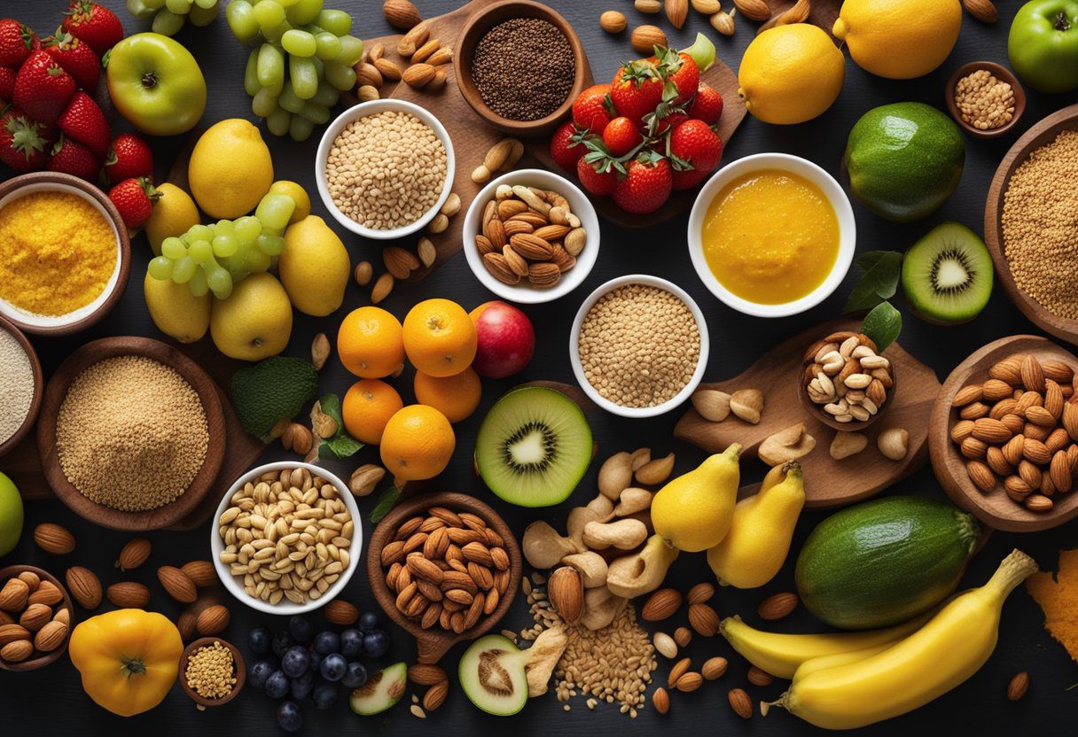 A table filled with colorful fruits, vegetables, nuts, and whole grains, surrounded by anti-inflammatory foods like turmeric, ginger, and olive oil
