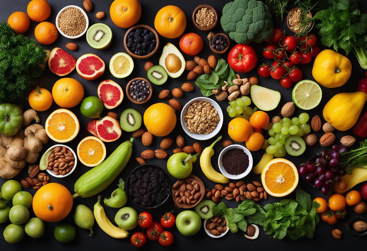 A colorful array of fresh fruits, vegetables, nuts, and seeds arranged on a table, with a variety of herbs and spices scattered around