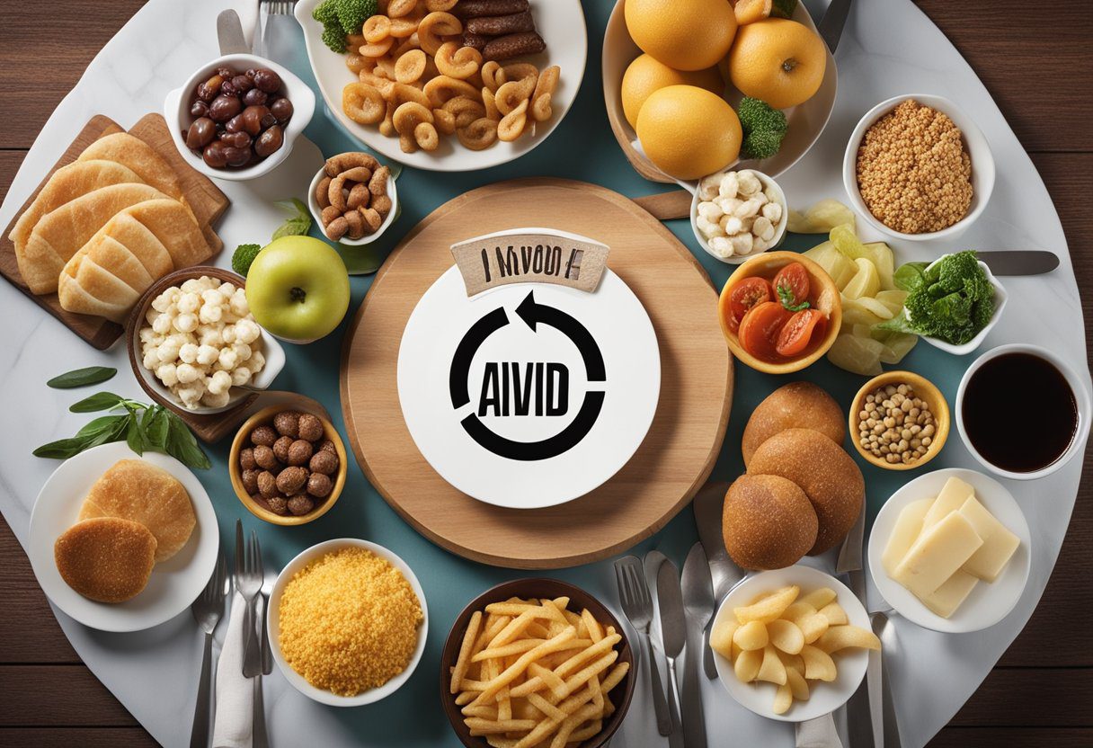A table with foods labeled "Avoid" in a crossed-out circle. Items like processed foods, sugary snacks, and fried dishes are depicted