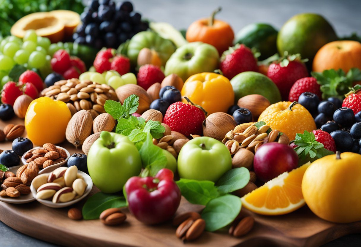 A table filled with colorful fruits, vegetables, and nuts, with a focus on foods known for their anti-inflammatory properties