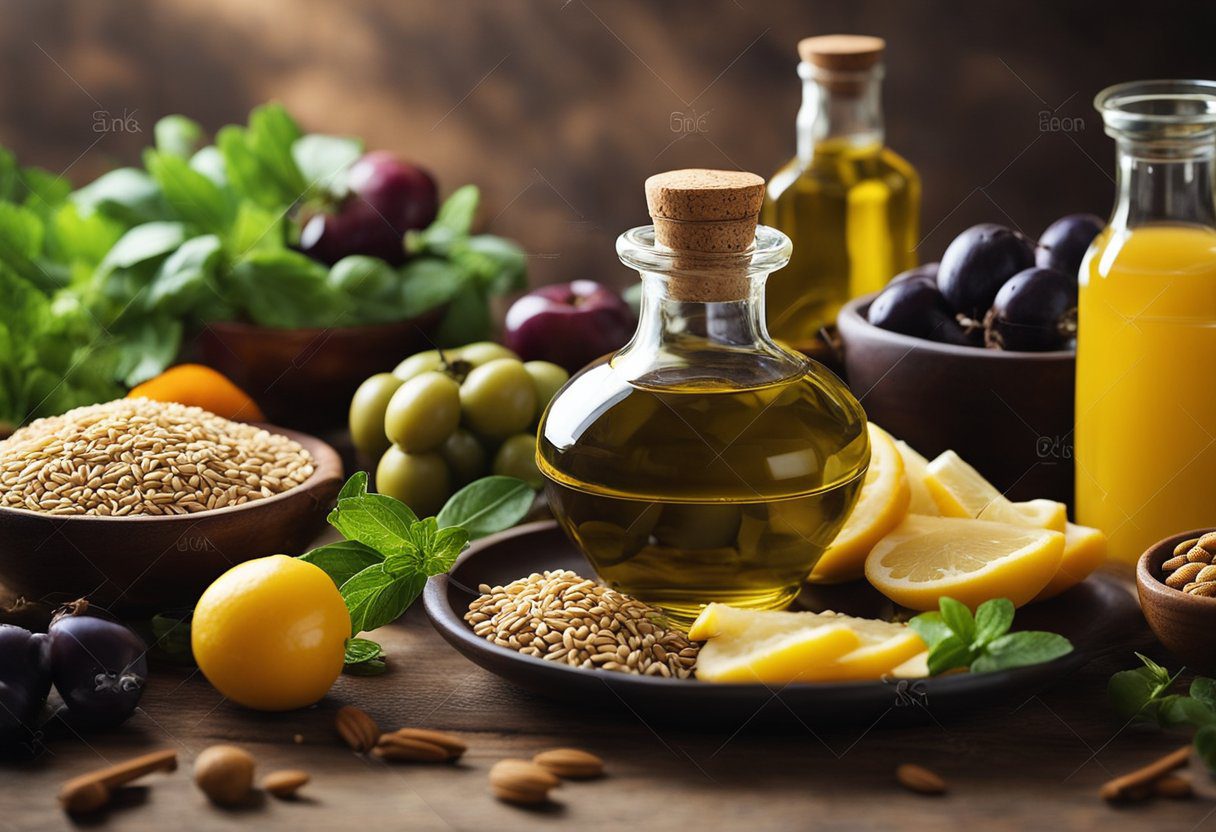 A table set with colorful fruits, vegetables, and whole grains. A bottle of olive oil and a variety of herbs and spices. A peaceful, serene atmosphere