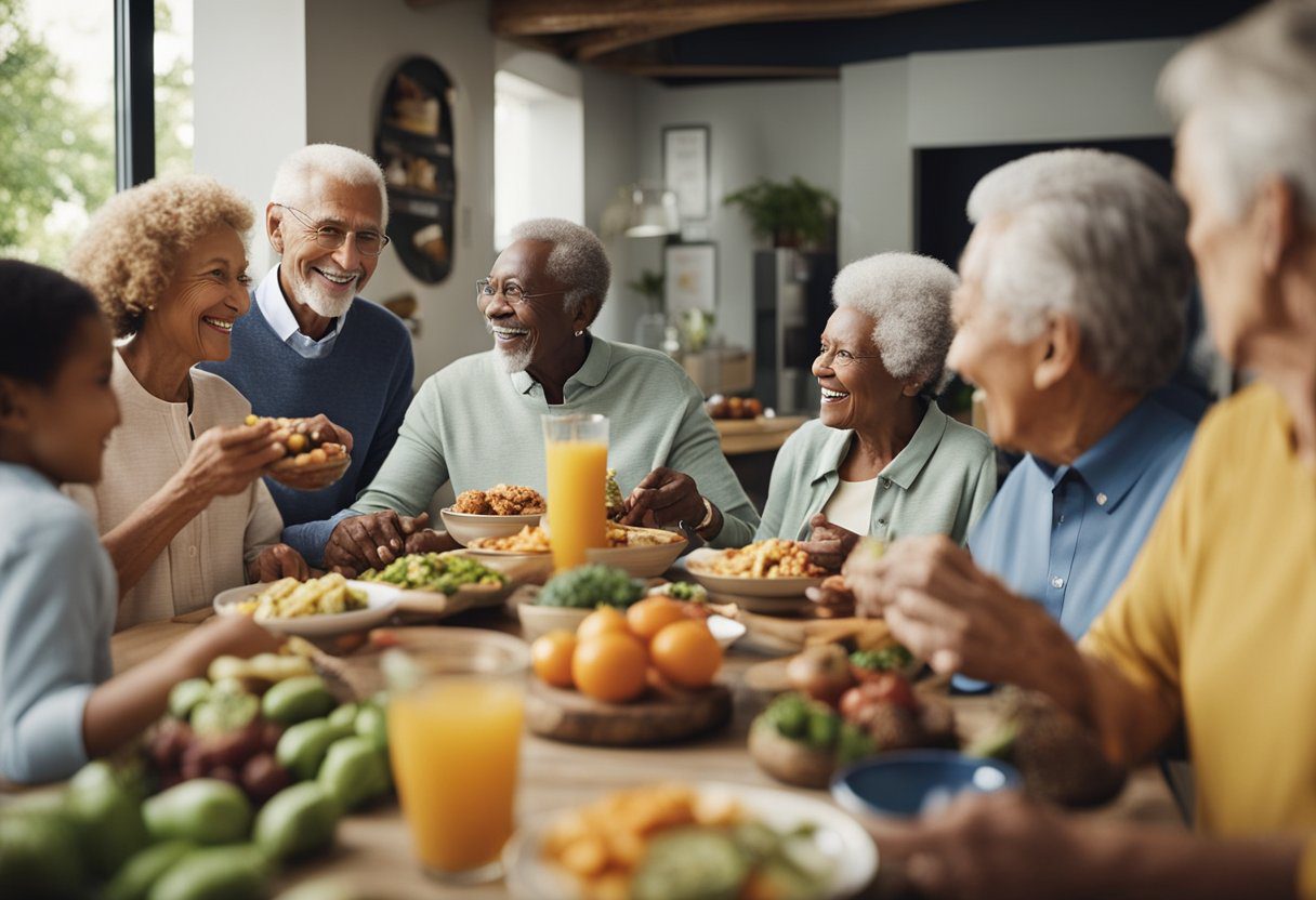 A diverse group of people, including seniors and children, enjoying a variety of colorful, nutrient-rich foods. A sense of community and well-being is evident as they engage in activities together