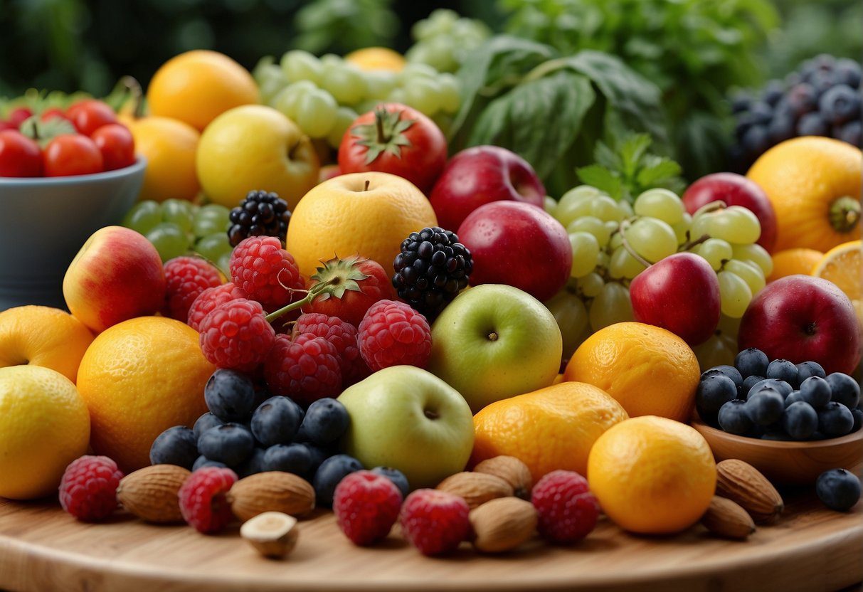 A table with a variety of colorful and fresh fruits, vegetables, nuts, and herbs arranged in an enticing display