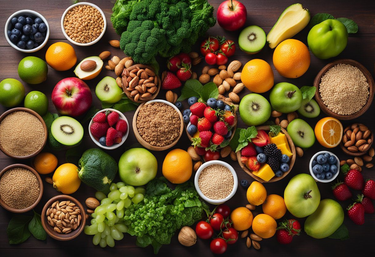 A table filled with colorful fruits, vegetables, nuts, and whole grains, surrounded by vibrant greenery, symbolizing the link between anti-inflammatory diet and mental health
