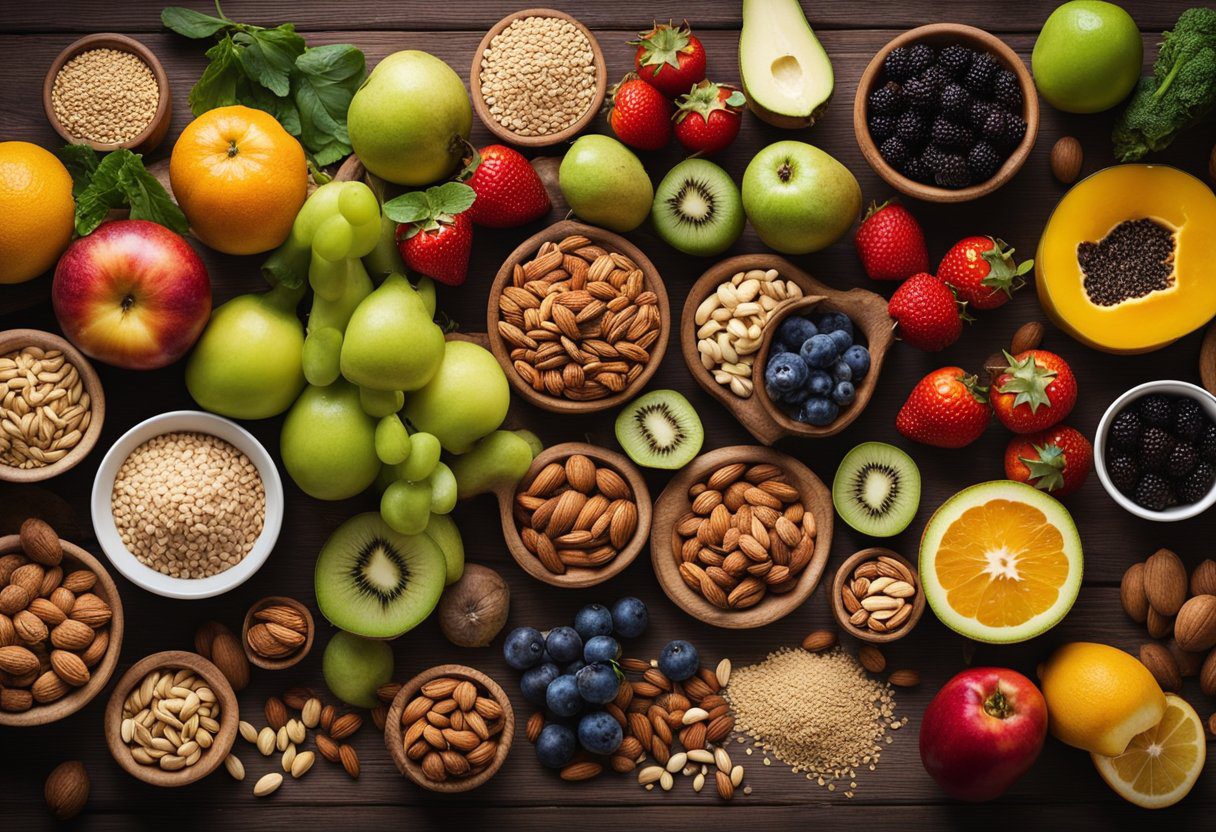 A table filled with colorful fruits, vegetables, and whole grains. A variety of nuts, seeds, and fish are also present. The setting is bright and welcoming, with a sense of health and vitality