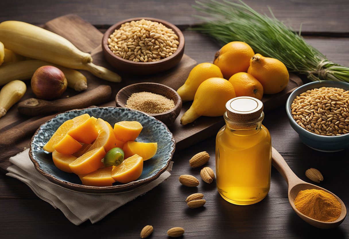 A colorful plate of fruits, vegetables, and whole grains sits next to a bottle of fish oil and a jar of turmeric, symbolizing an anti-inflammatory diet for depression prevention and intervention