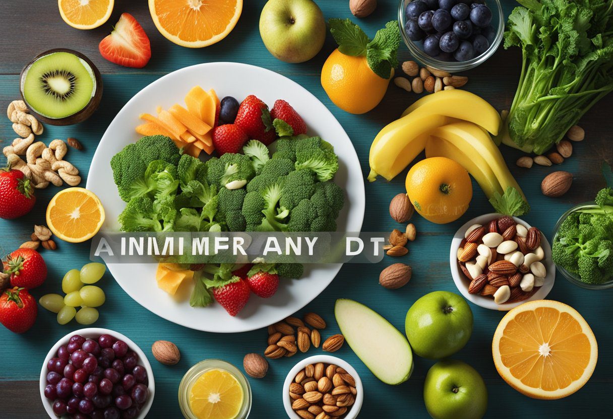A table with colorful fruits, vegetables, nuts, and fish. A label reads "Anti-inflammatory Diet" with a subtitle "Helps with Depression."