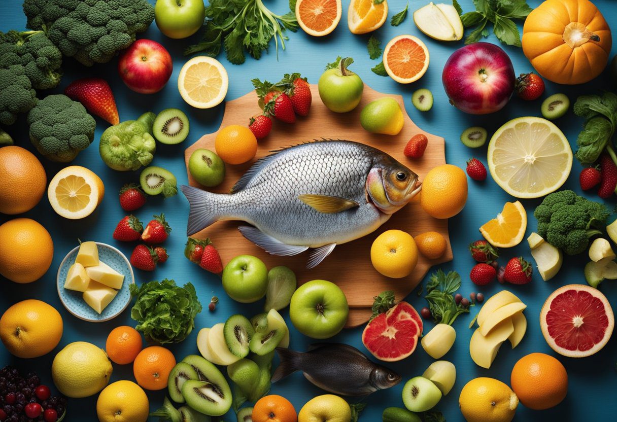 A table with colorful fruits, vegetables, and fish, alongside a brain with a happy face, surrounded by a glowing halo of light