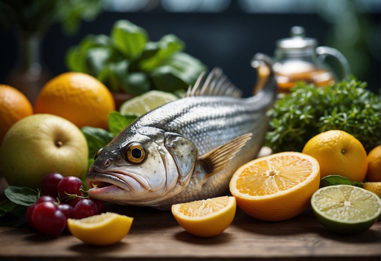 Fresh fruits, vegetables, and fish on a table. No processed foods or sugary drinks in sight. Herbal teas and nuts also present