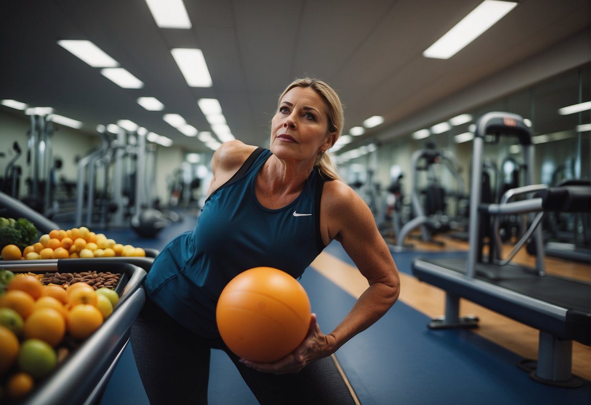 A woman follows a physical therapy routine, surrounded by anti-inflammatory foods and exercise equipment