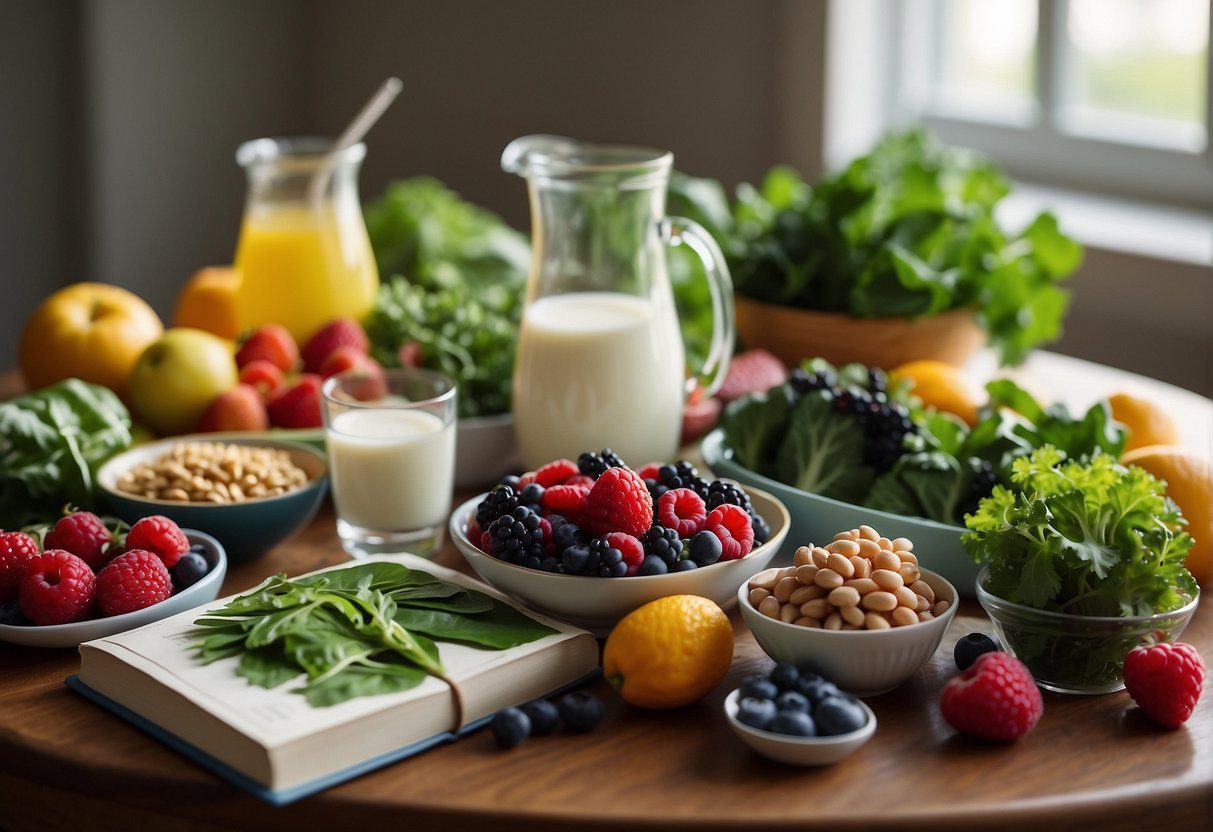 A table filled with colorful, nutrient-rich foods like leafy greens, berries, and lean proteins. A book on Lipedema anti-inflammatory diet sits open beside a glass of water